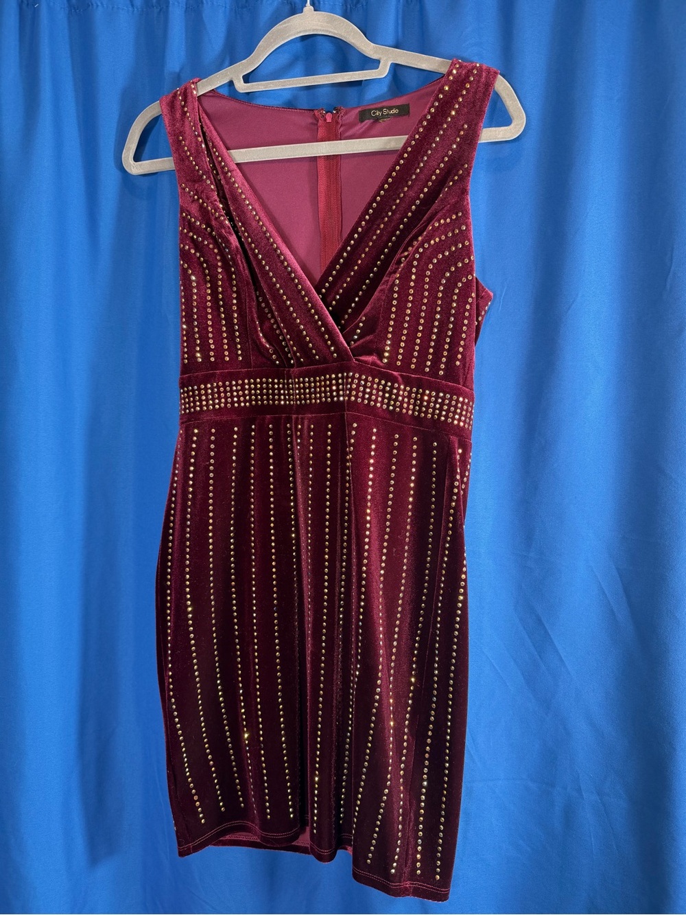 City Studio Burgundy Velvet Mini Dress with Gold Studs
